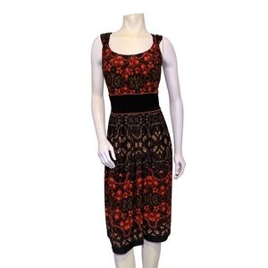 R&M Richards Midi Dress Women 14W Red Black Excellent Empire Waist Ikat Print